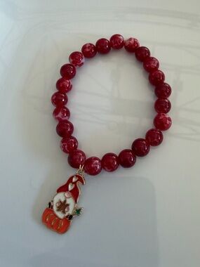 Gnome Charm Stretch Bracelet Handmade Red Beaded Fall Novelty Jewelry